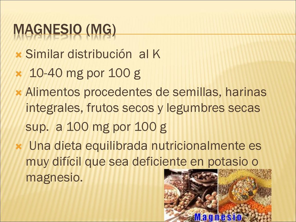 Magnesio (Mg) Similar distribución al K mg por 100 g