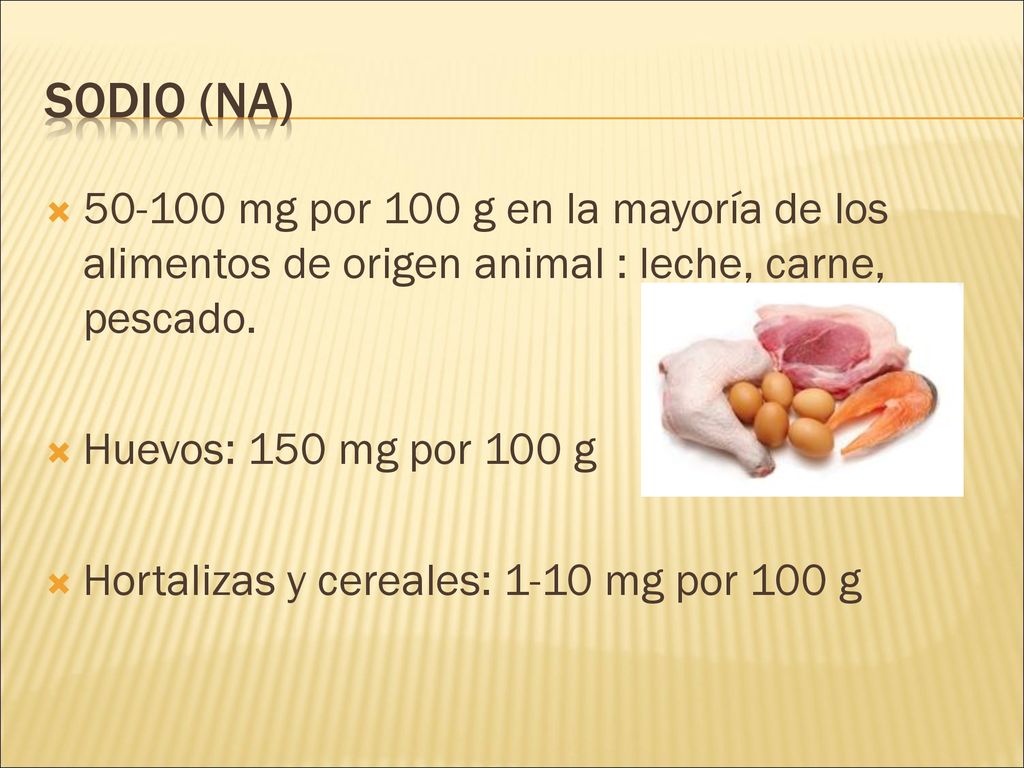 Sodio (Na) mg por 100 g en la mayoría de los alimentos de origen animal : leche, carne, pescado.