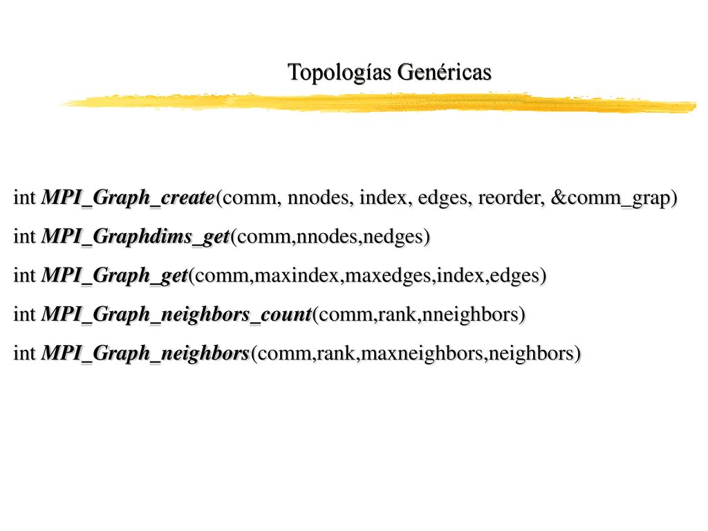 Topologías Genéricas int MPI_Graph_create(comm, nnodes, index, edges, reorder, &comm_grap) int MPI_Graphdims_get(comm,nnodes,nedges)