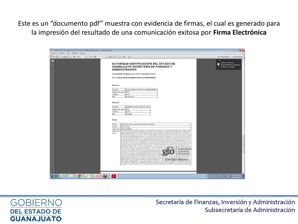 Este es un documento pdf muestra con evidencia de firmas, el cual es generado para la impresión del resultado de una comunicación exitosa por Firma Electrónica