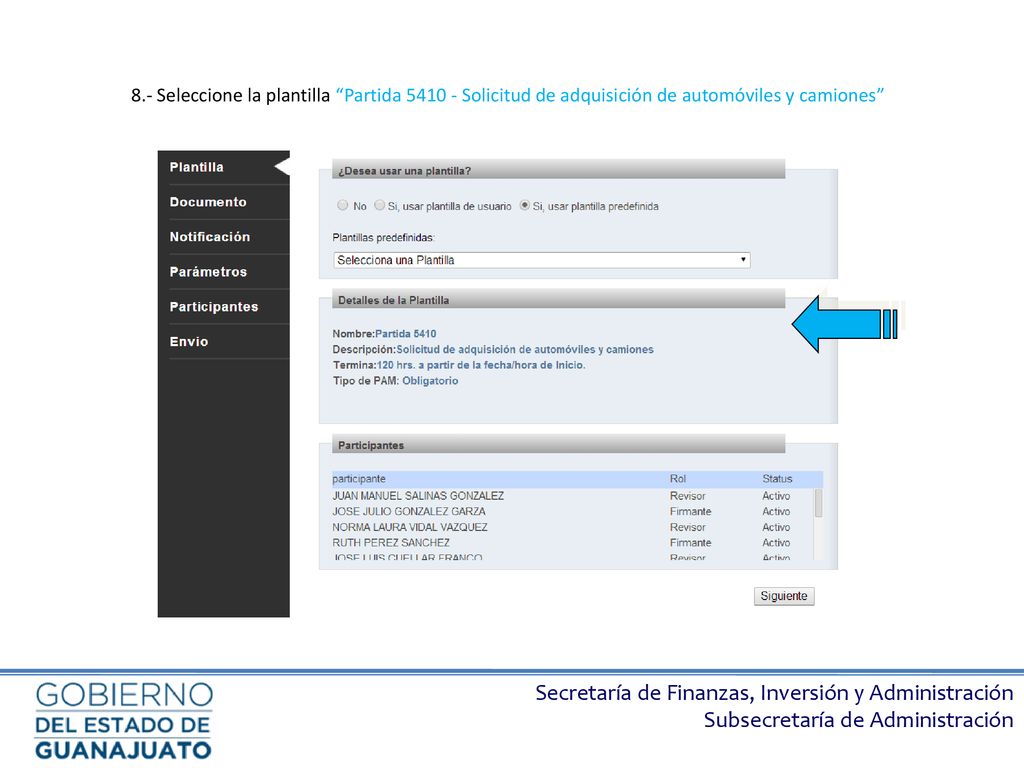 8.- Seleccione la plantilla Partida Solicitud de adquisición de automóviles y camiones