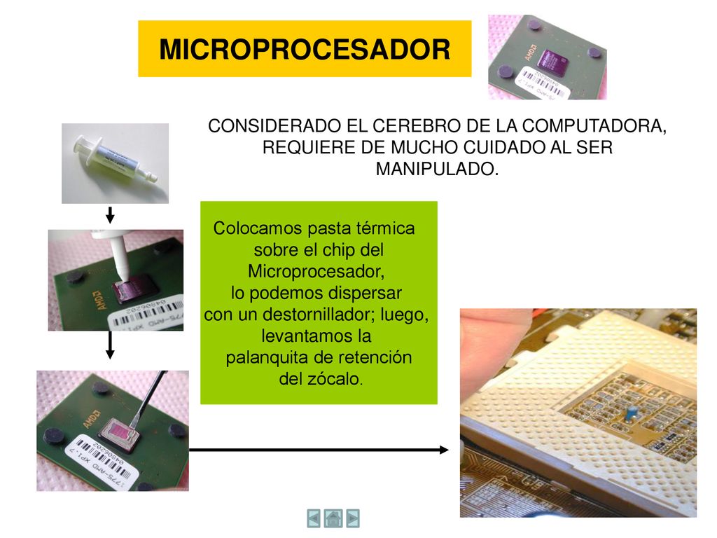 MICROPROCESADOR CONSIDERADO EL CEREBRO DE LA COMPUTADORA, REQUIERE DE MUCHO CUIDADO AL SER MANIPULADO.