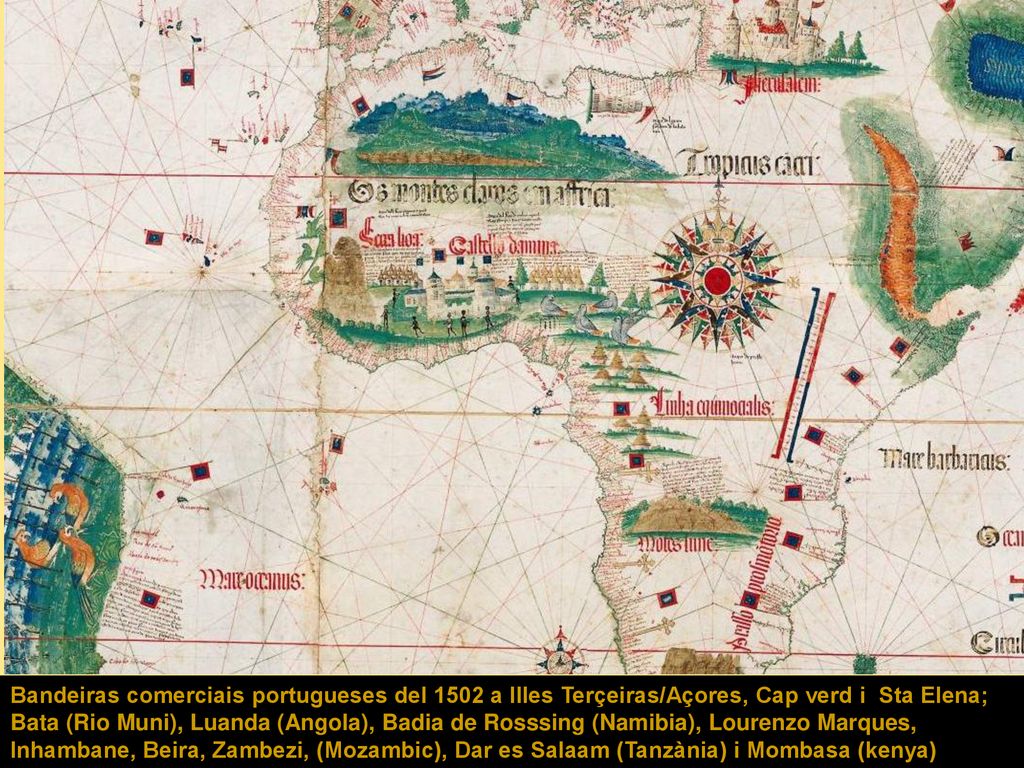 Bandeiras comerciais portugueses del 1502 a Illes Terçeiras/Açores, Cap verd i Sta Elena; Bata (Rio Muni), Luanda (Angola), Badia de Rosssing (Namibia), Lourenzo Marques, Inhambane, Beira, Zambezi, (Mozambic), Dar es Salaam (Tanzània) i Mombasa (kenya)