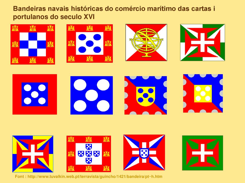 Bandeiras navais históricas do comércio marítimo das cartas i portulanos do seculo XVI