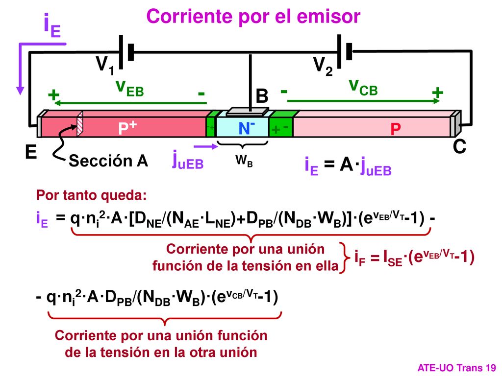 iE Corriente por el emisor V1 V2 vEB vCB B C E juEB iE = A·juEB P+ P