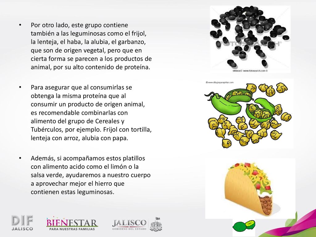 Por otro lado, este grupo contiene también a las leguminosas como el frijol, la lenteja, el haba, la alubia, el garbanzo, que son de origen vegetal, pero que en cierta forma se parecen a los productos de animal, por su alto contenido de proteína.
