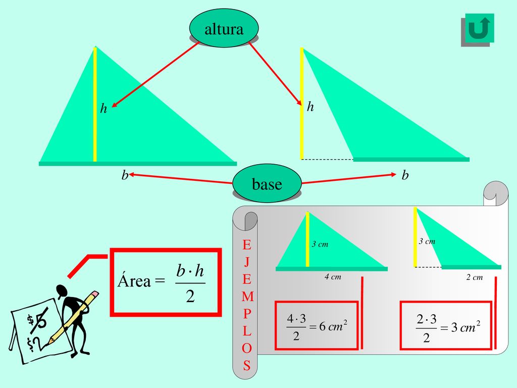 altura h base b 3 cm 4 cm 2 cm E J E MP L OS Área =