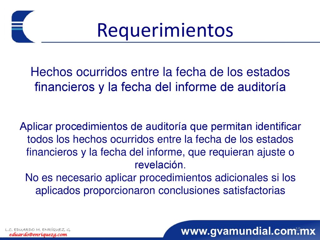 Requerimientos Hechos ocurridos entre la fecha de los estados financieros y la fecha del informe de auditoría.