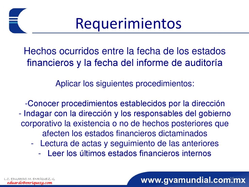 Requerimientos Hechos ocurridos entre la fecha de los estados financieros y la fecha del informe de auditoría.
