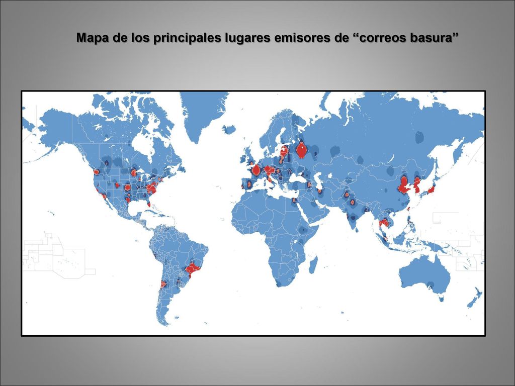 Mapa de los principales lugares emisores de correos basura
