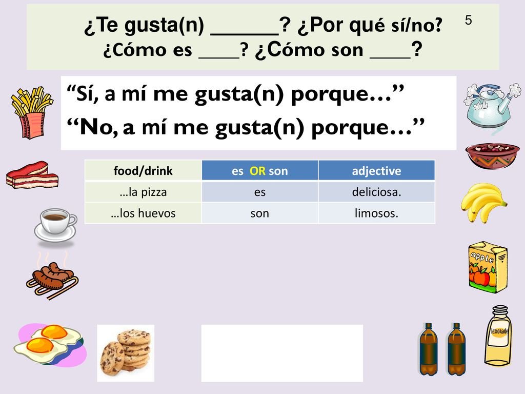¿Te gusta(n) ______ ¿Por qué sí/no ¿Cómo es ____ ¿Cómo son ____