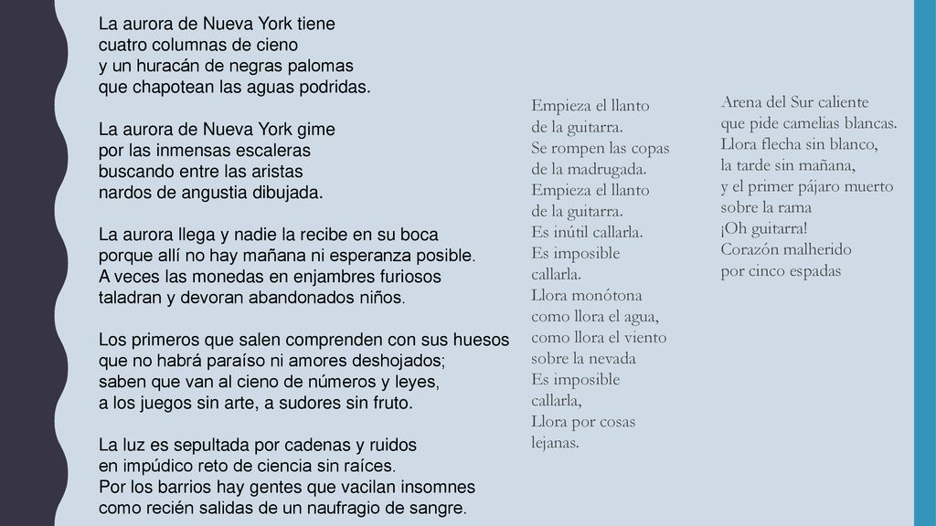 La aurora de Nueva York tiene cuatro columnas de cieno y un huracán de negras palomas que chapotean las aguas podridas.