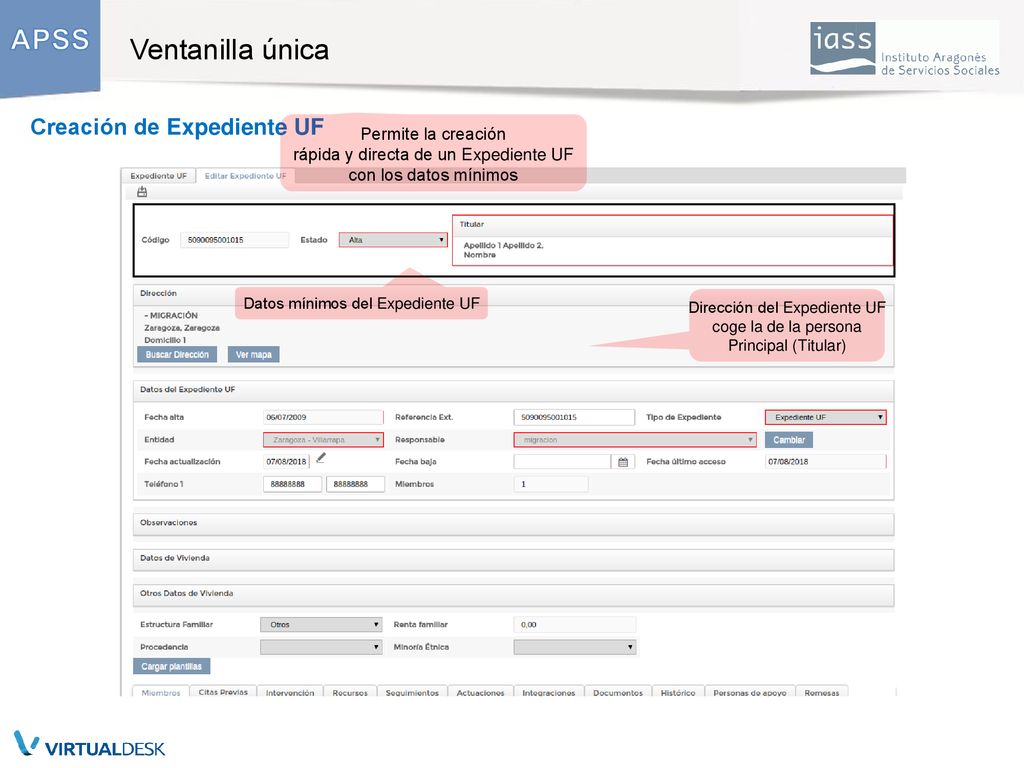 Ventanilla única 53 Creación de Expediente UF Permite la creación