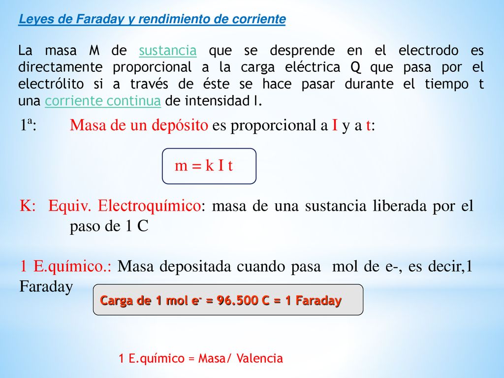 1ª: Masa de un depósito es proporcional a I y a t: m = k I t