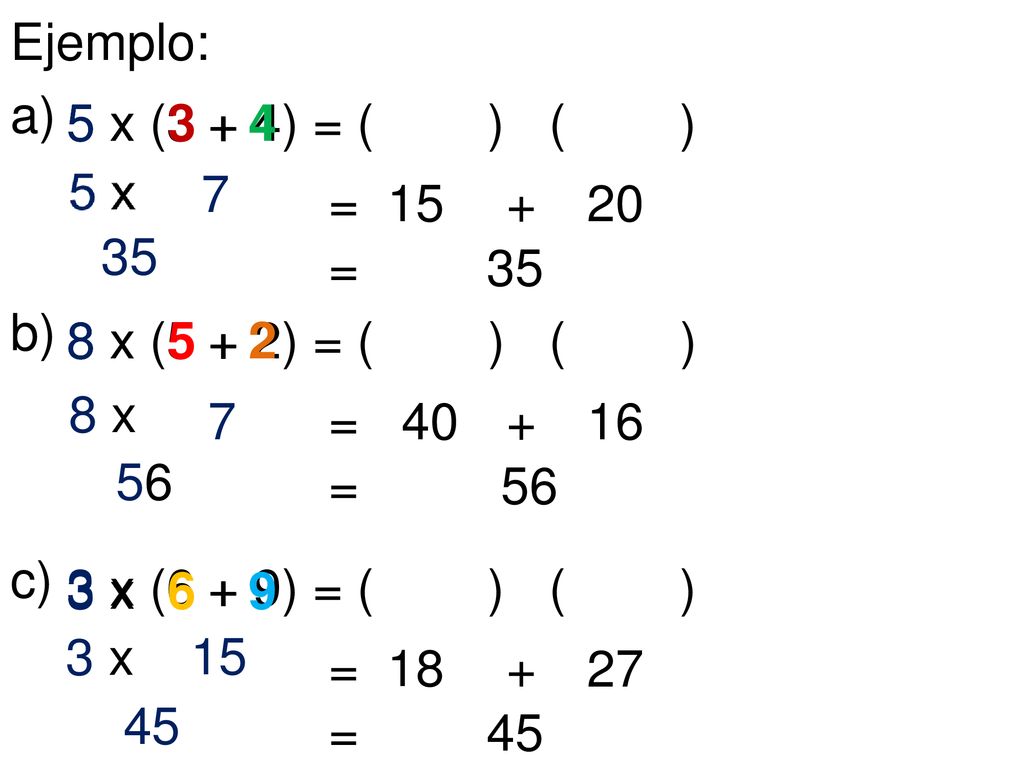 Ejemplo: a) 5 x. 5 x. 5 x (3 + 4) = ( ) ( ) 7. = = 35.