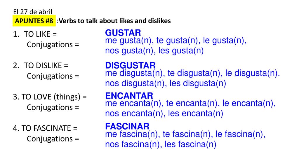 me gusta(n), te gusta(n), le gusta(n), nos gusta(n), les gusta(n)