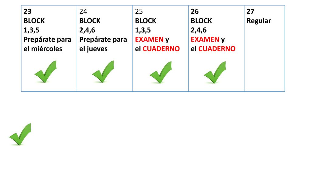 23 BLOCK. 1,3,5. Prepárate para el miércoles ,4,6. Prepárate para el jueves. 25. EXAMEN y.