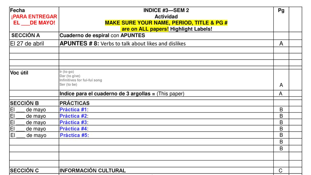 ¡PARA ENTREGAR EL ___DE MAYO! are on ALL papers! Highlight Labels!