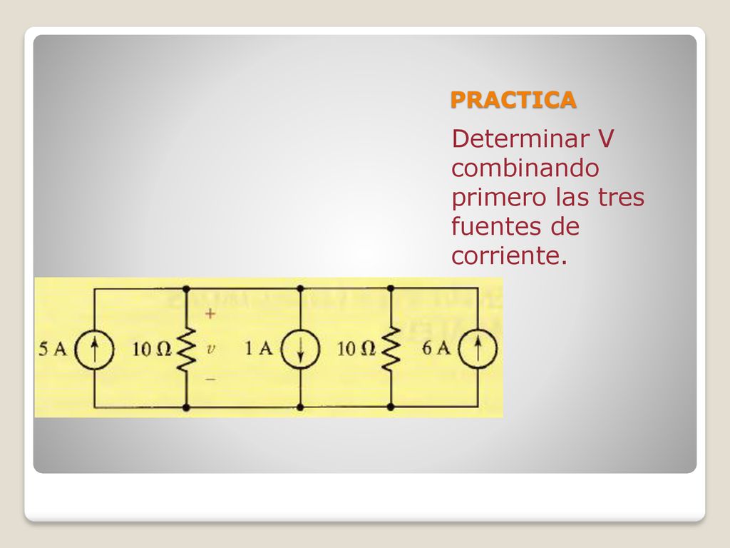 Determinar V combinando primero las tres fuentes de corriente.