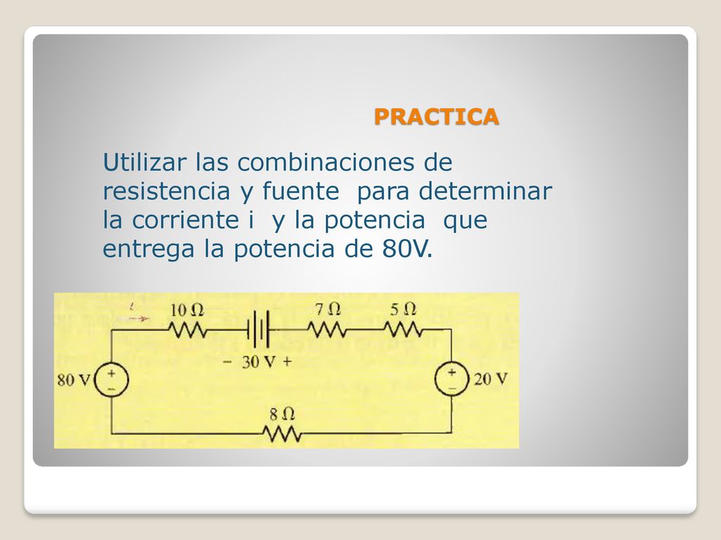 PRACTICA Utilizar las combinaciones de resistencia y fuente para determinar la corriente i y la potencia que entrega la potencia de 80V.