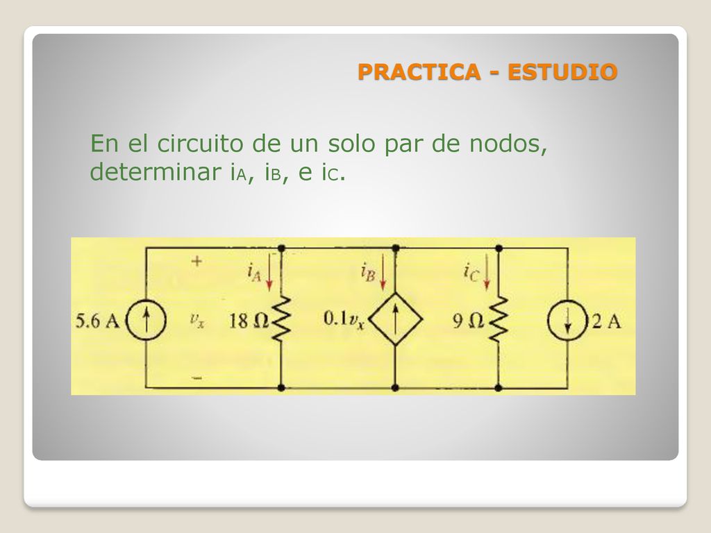En el circuito de un solo par de nodos, determinar iA, iB, e iC.