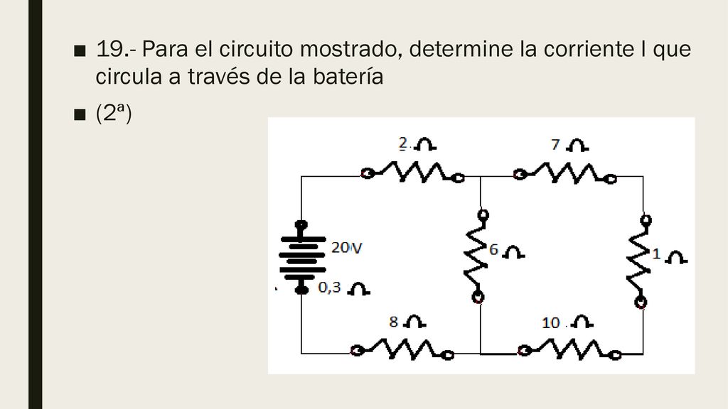 19.- Para el circuito mostrado, determine la corriente I que circula a través de la batería