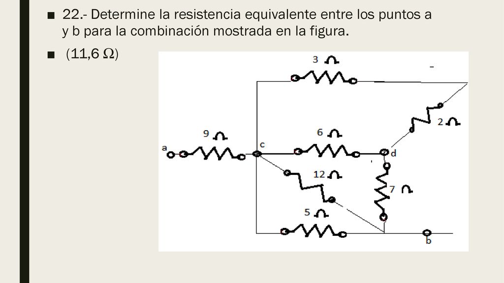 22.- Determine la resistencia equivalente entre los puntos a y b para la combinación mostrada en la figura.