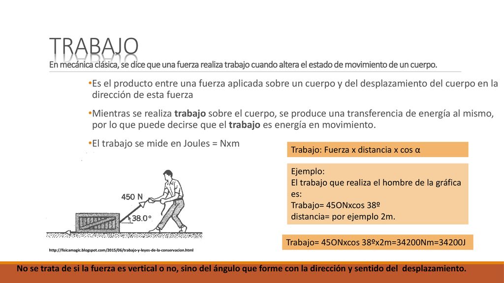 TRABAJO En mecánica clásica, se dice que una fuerza realiza trabajo cuando altera el estado de movimiento de un cuerpo.