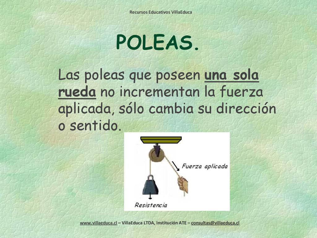 POLEAS. Las poleas que poseen una sola rueda no incrementan la fuerza