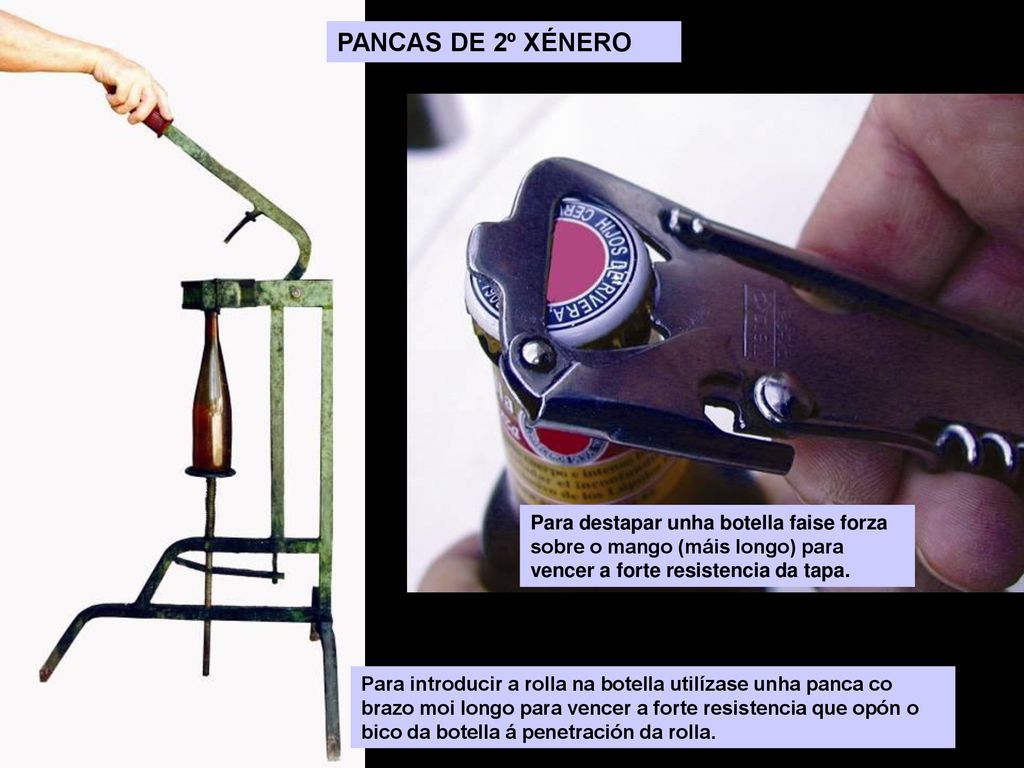 PANCAS DE 2º XÉNERO Para destapar unha botella faise forza sobre o mango (máis longo) para vencer a forte resistencia da tapa.