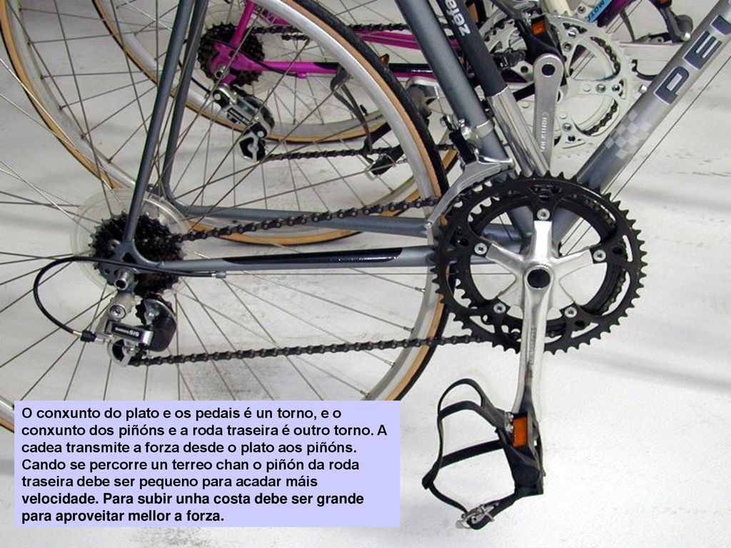 O conxunto do plato e os pedais é un torno, e o conxunto dos piñóns e a roda traseira é outro torno. A cadea transmite a forza desde o plato aos piñóns.