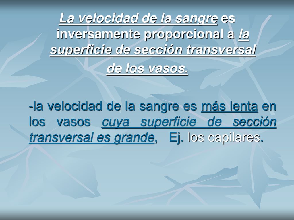 La velocidad de la sangre es inversamente proporcional a la superficie de sección transversal