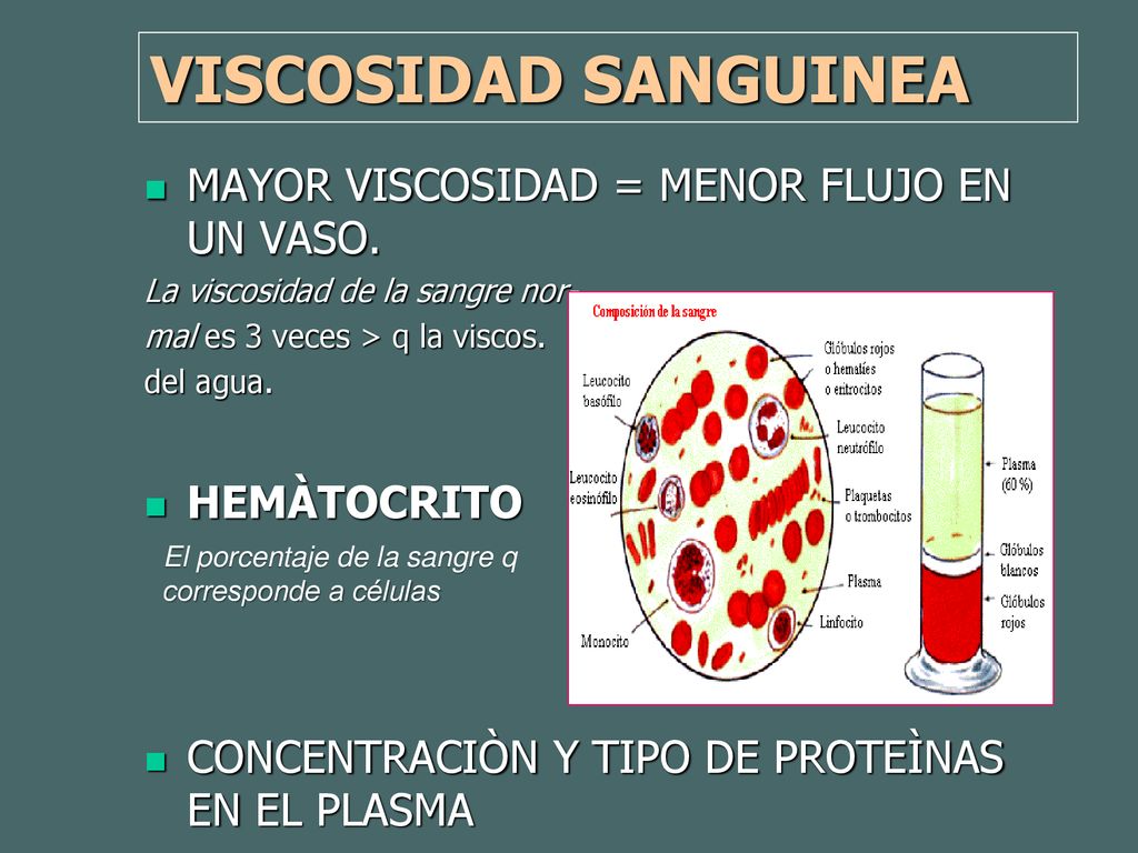 VISCOSIDAD SANGUINEA MAYOR VISCOSIDAD = MENOR FLUJO EN UN VASO.