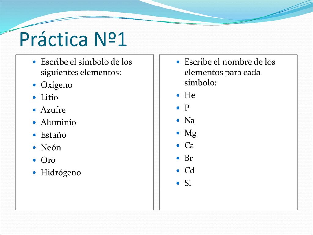 Práctica Nº1 Escribe el símbolo de los siguientes elementos: Oxígeno