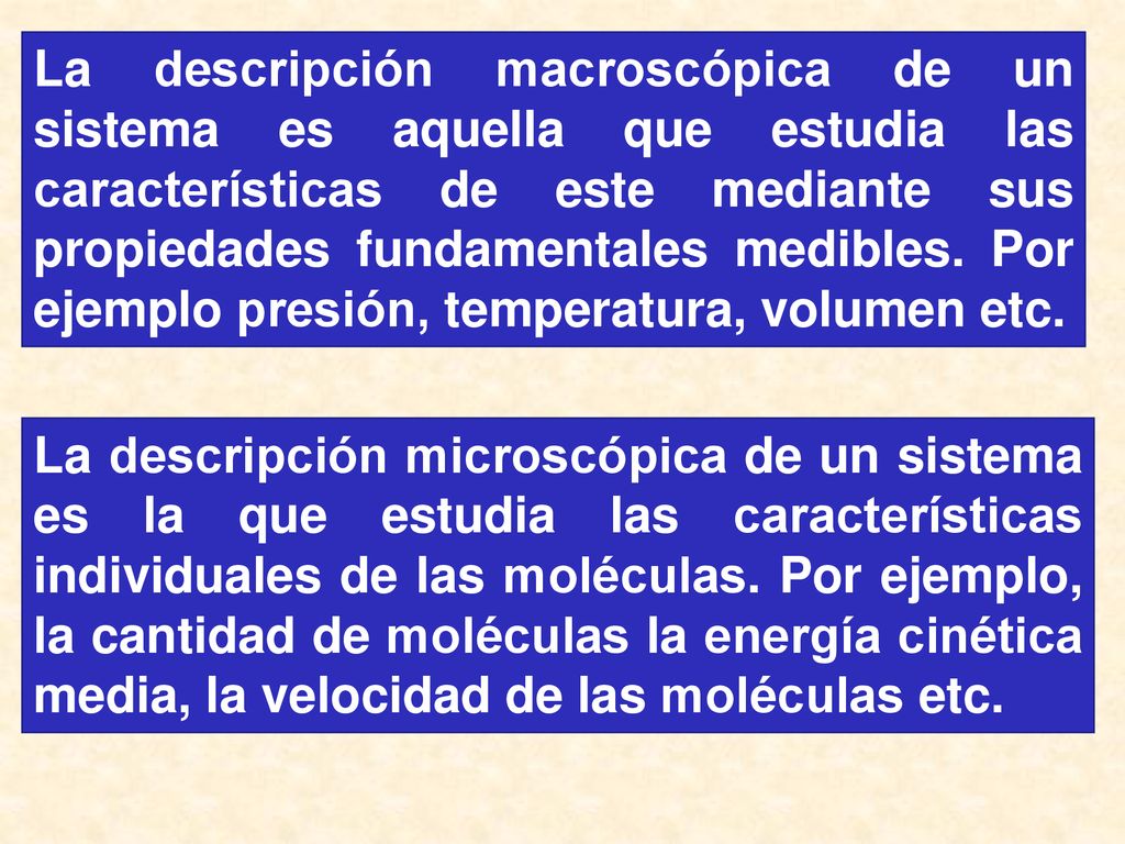 La descripción macroscópica de un sistema es aquella que estudia las características de este mediante sus propiedades fundamentales medibles. Por ejemplo presión, temperatura, volumen etc.