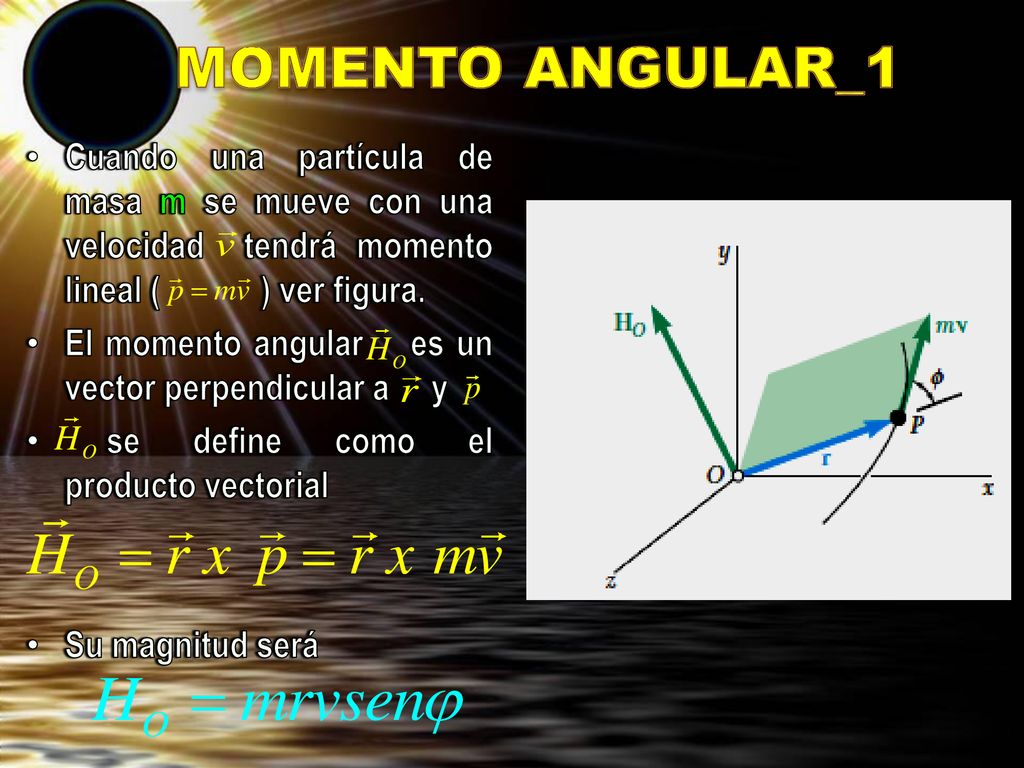 MOMENTO ANGULAR_1 Cuando una partícula de masa m se mueve con una velocidad tendrá momento lineal ( ) ver figura.