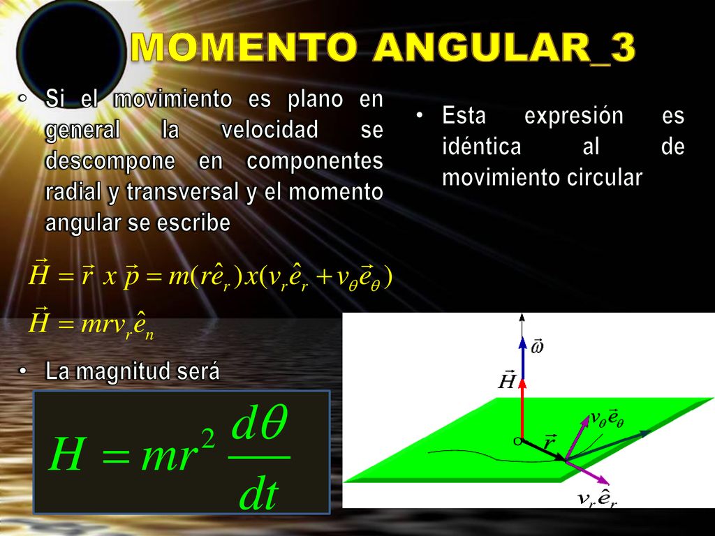MOMENTO ANGULAR_3 Si el movimiento es plano en general la velocidad se descompone en componentes radial y transversal y el momento angular se escribe.