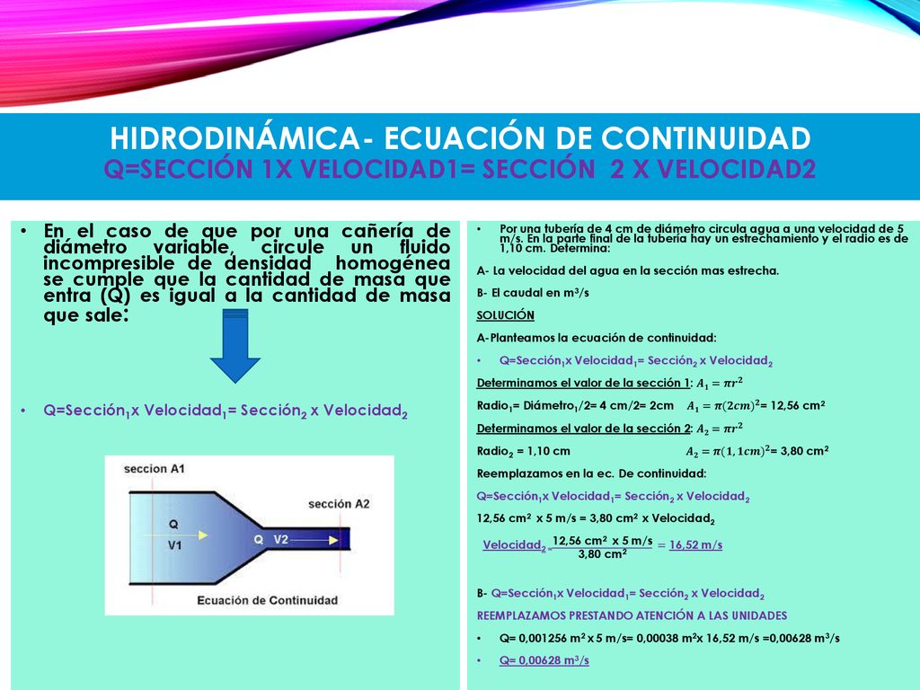 HIDRODINÁMICA- ECUACIÓN DE CONTINUIDAD Q=Sección 1x Velocidad1= Sección 2 x Velocidad2