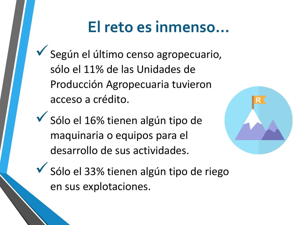 El reto es inmenso… Según el último censo agropecuario, sólo el 11% de las Unidades de Producción Agropecuaria tuvieron acceso a crédito.
