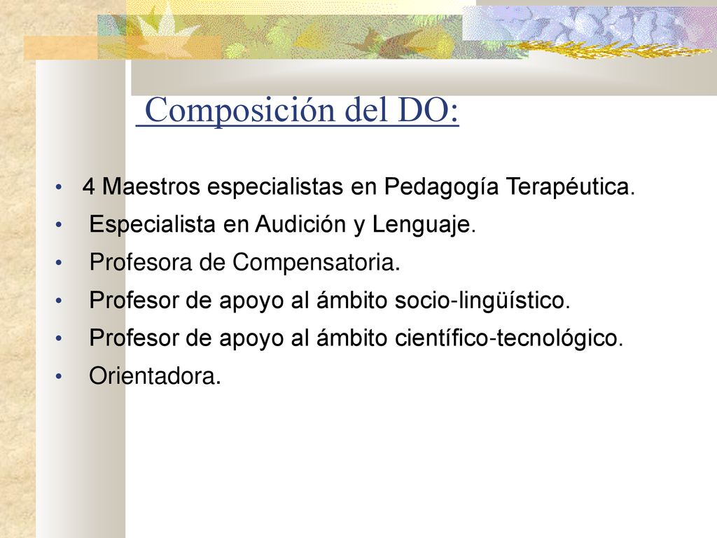 Composición del DO: 4 Maestros especialistas en Pedagogía Terapéutica.