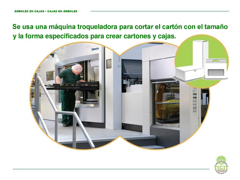 Se usa una máquina troqueladora para cortar el cartón con el tamaño