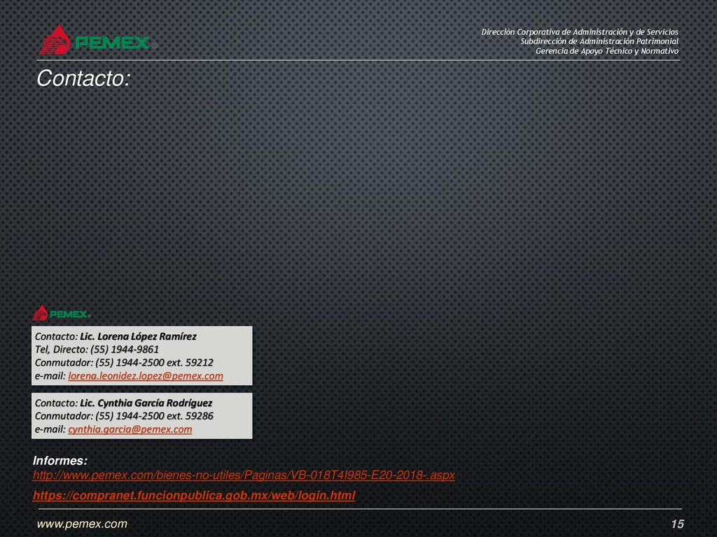 Contacto: Contacto: Lic. Lorena López Ramírez. Tel, Directo: (55) Conmutador: (55) ext