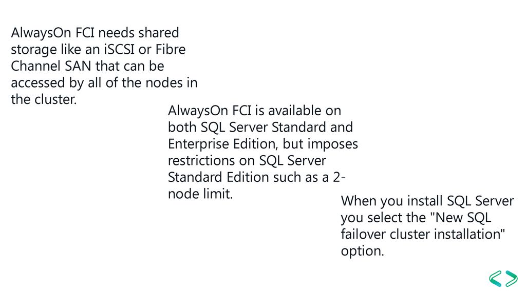 AlwaysOn FCI needs shared storage like an iSCSI or Fibre Channel SAN that can be accessed by all of the nodes in the cluster.