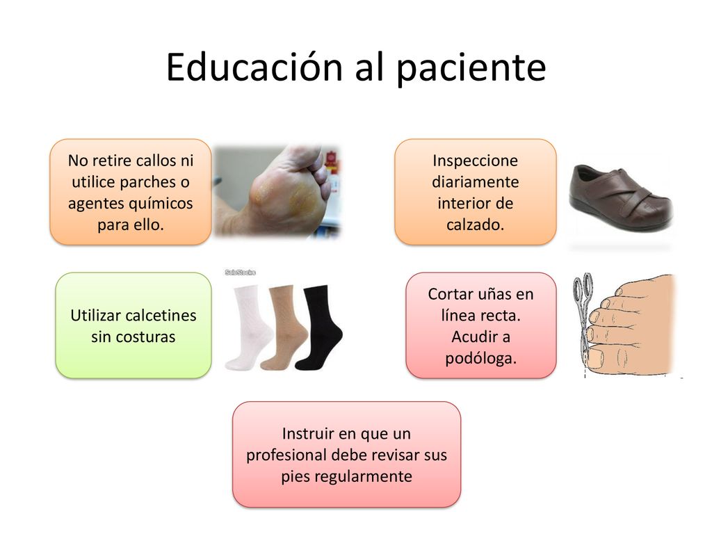 Educación al paciente No retire callos ni utilice parches o agentes químicos para ello. Inspeccione diariamente interior de calzado.