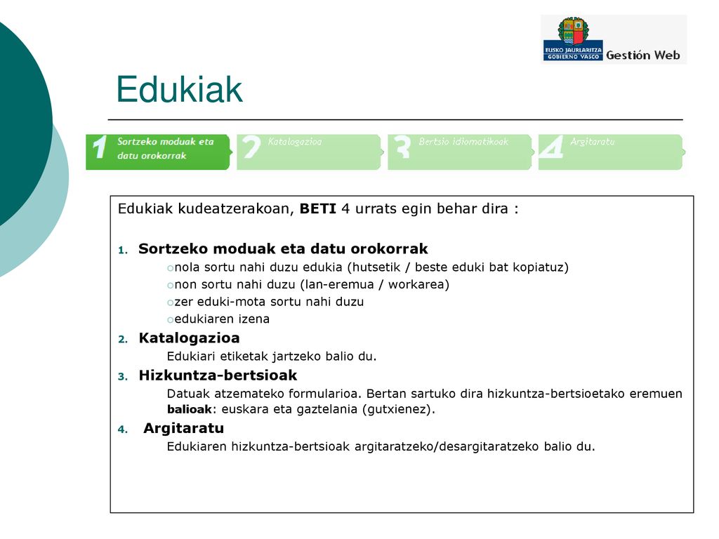 Edukiak Edukiak kudeatzerakoan, BETI 4 urrats egin behar dira :