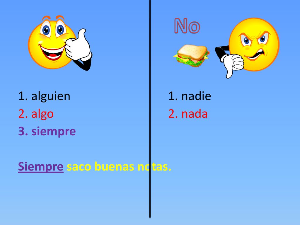 No 1. alguien 1. nadie 2. algo 2. nada 3. siempre Siempre saco buenas notas.
