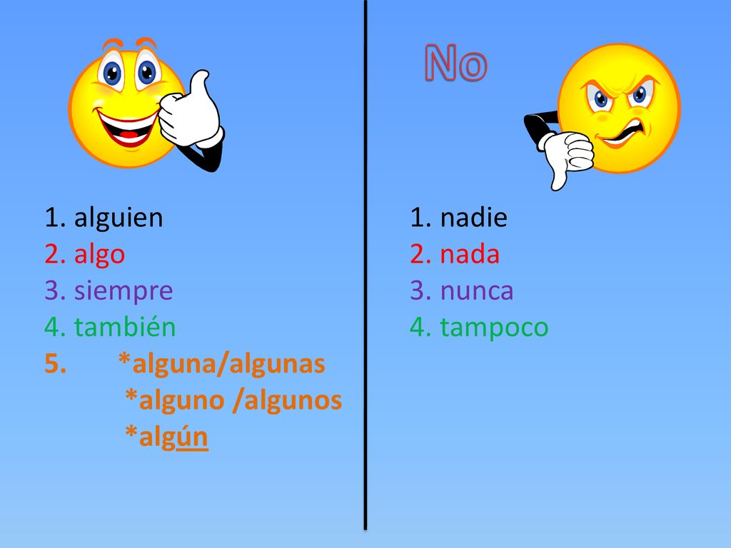 No 1. alguien 1. nadie 2. algo 2. nada 3. siempre 3.