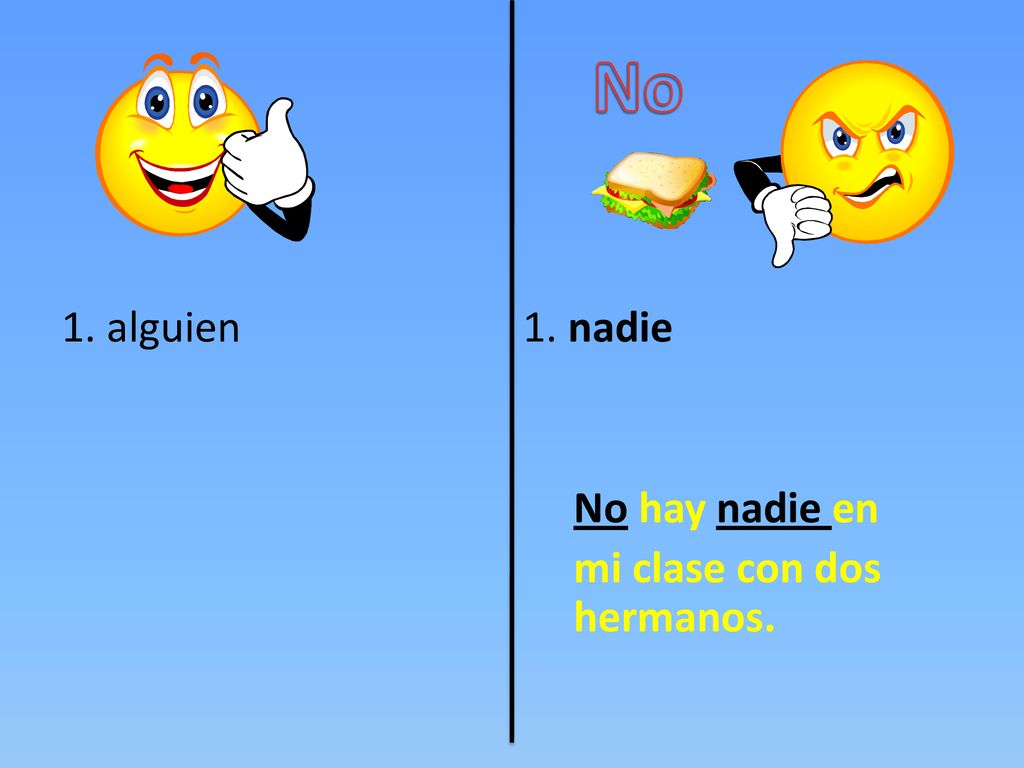No 1. alguien 1. nadie No hay nadie en mi clase con dos hermanos.
