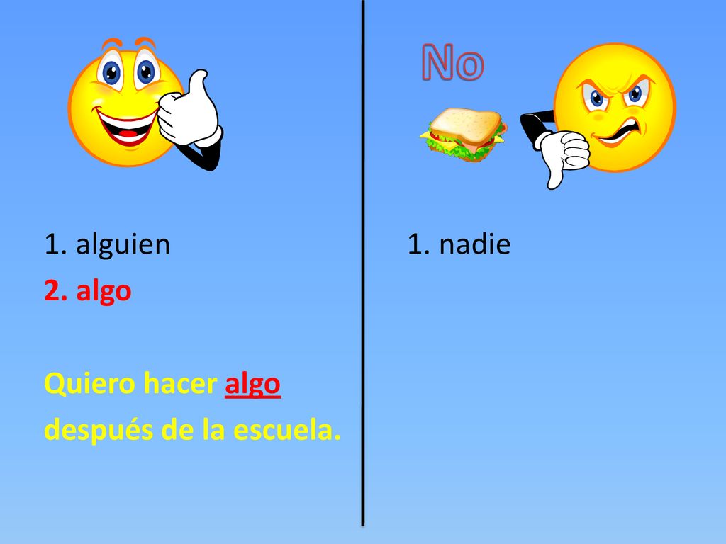 No 1. alguien 1. nadie 2. algo Quiero hacer algo después de la escuela.