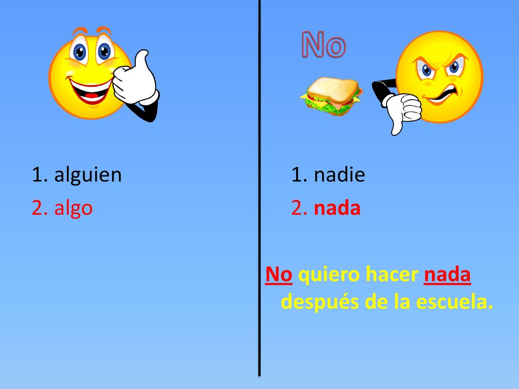 No 1. alguien 1. nadie 2. algo 2. nada No quiero hacer nada después de la escuela.